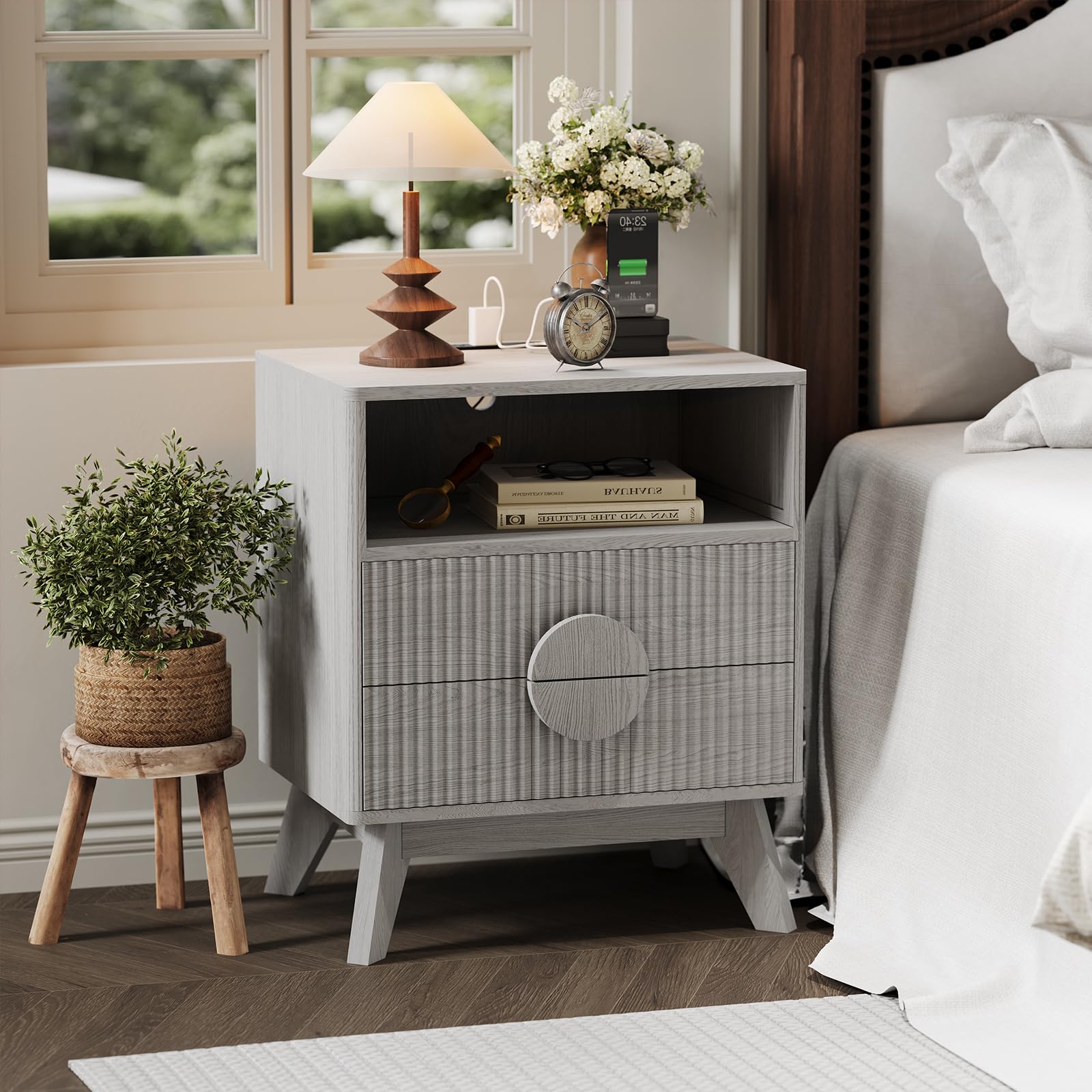 Mopio Ensley Mid Century Modern Nightstand, Walnut Grain, Slatted