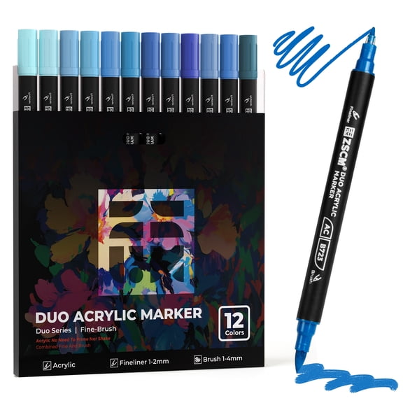 12 Blue Acrylic Paint Markers, Dual Tip Acrylic Brush Pens with Fine Tip & Brush Point, Ocean Blue Acrylic Markers for Wood Canvas Stone Glass Rock Painting