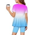 thumbnail image 6 of CCRFTGI Summer Outfits for Children Girls Size 7-8 Cute Preppy Two Piece Outfits Girl Clothes Casual Gradient Short Sleeve Ruffle Hem T Shirts Top and Biker Shorts Purple Pink 3-4 Years, 6 of 6