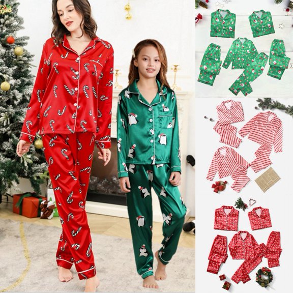 2Pcs Family Matching Christmas Pajamas Sets Silk Satin Clothes Parent-Child Cute Print Sleepwear Pjs For Couples/Women/Men/Kids