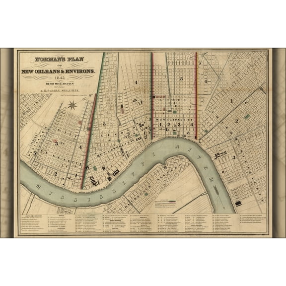 24"x36" Gallery Poster, map of New Orleans & environs, 1845