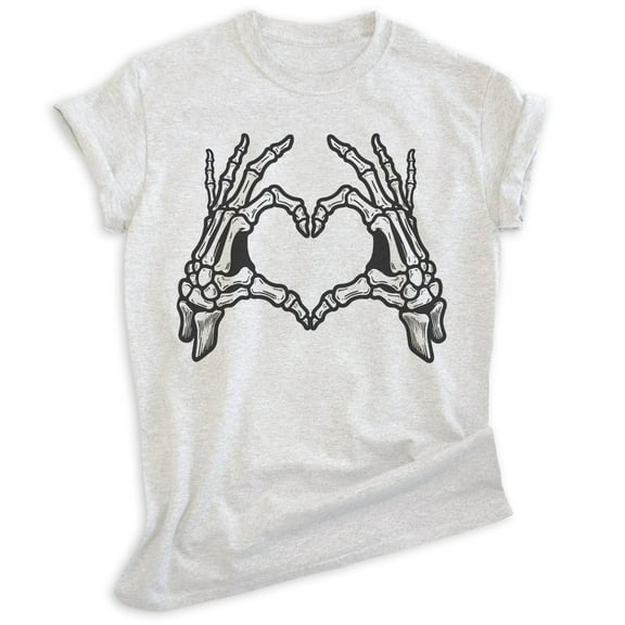 Skeleton Hands Heart Shirt, Unisex Women's Men's Shirt, Horror Movie Classic Film Lover Halloween Gift, Heather Ash, Medium