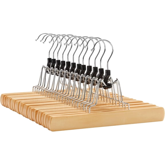 12 Pack Wooden Pants Hangers, Premium Solid Wood with Non-Slip Felt, Hold Pants Tightly, Smooth Finish Wood Skirt Hangers, with 360° Swivel Hook