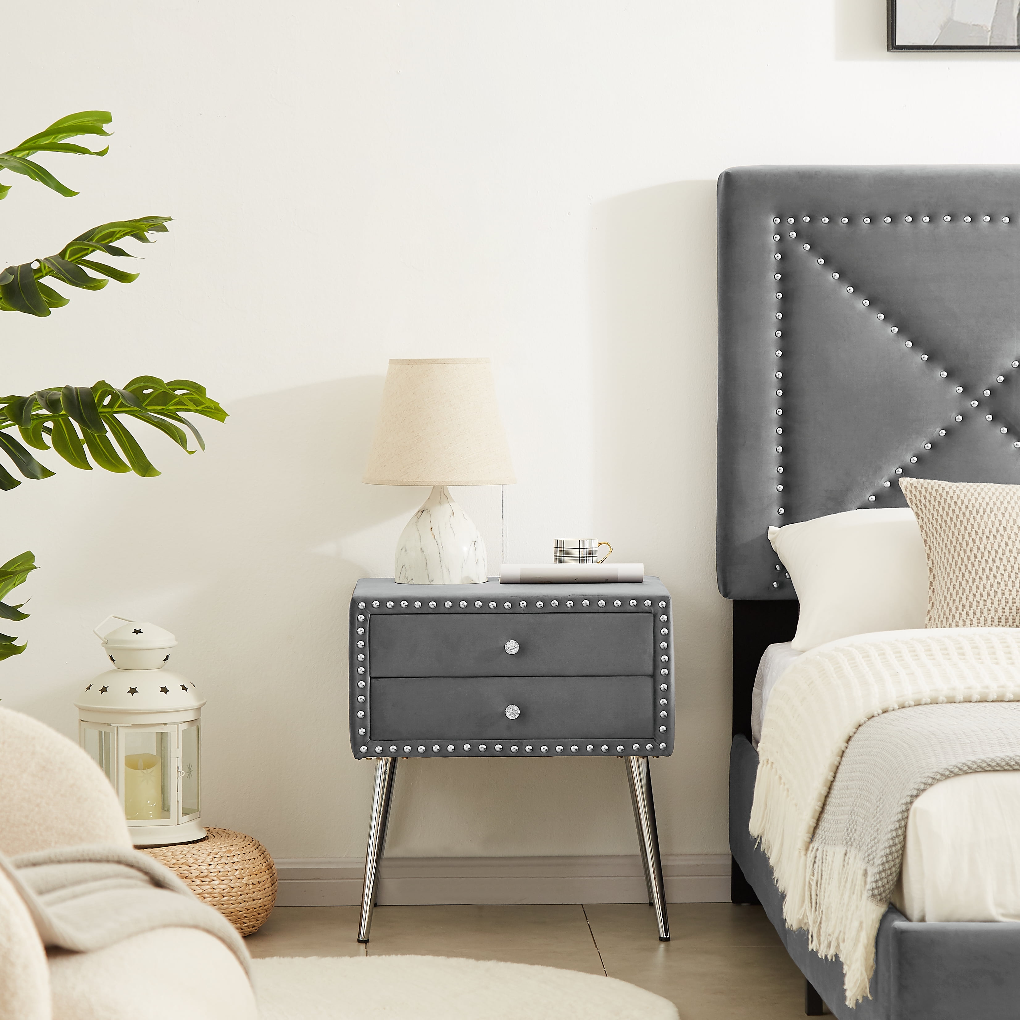 KUIKUI Upholstered in durable 100 Grey Velvet nightstand Classic