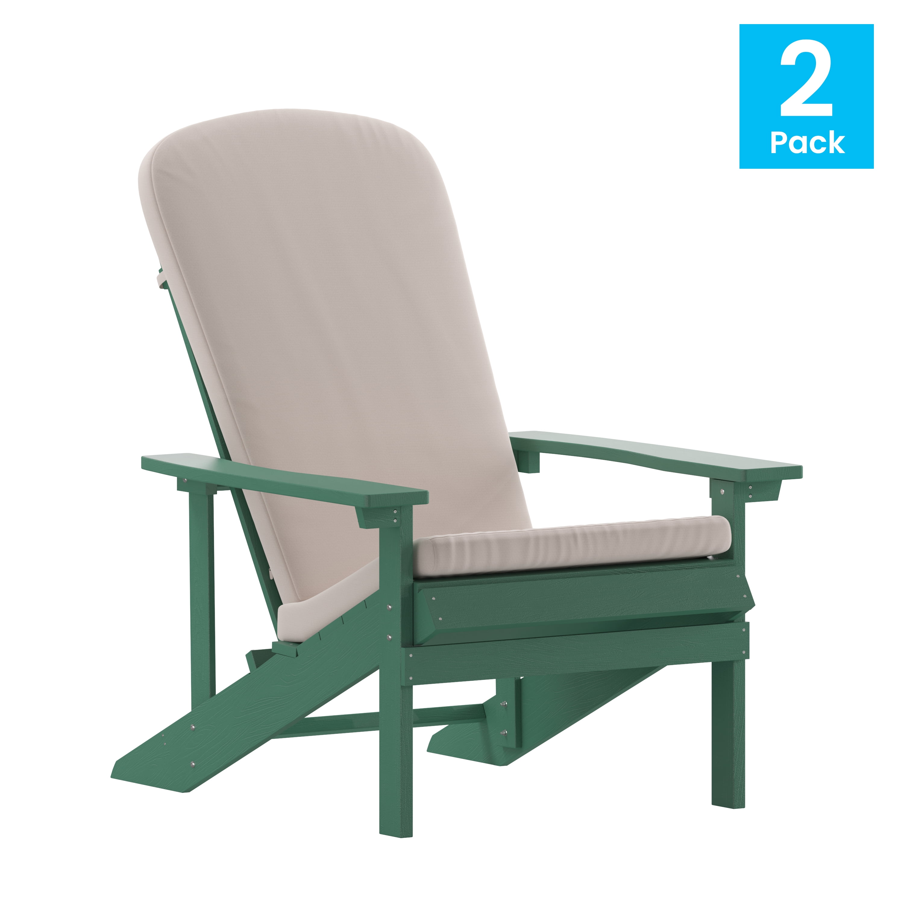 Emma + Oliver Set of Two Green All-Weather Polyresin Adirondack Chairs with Cream Cushions