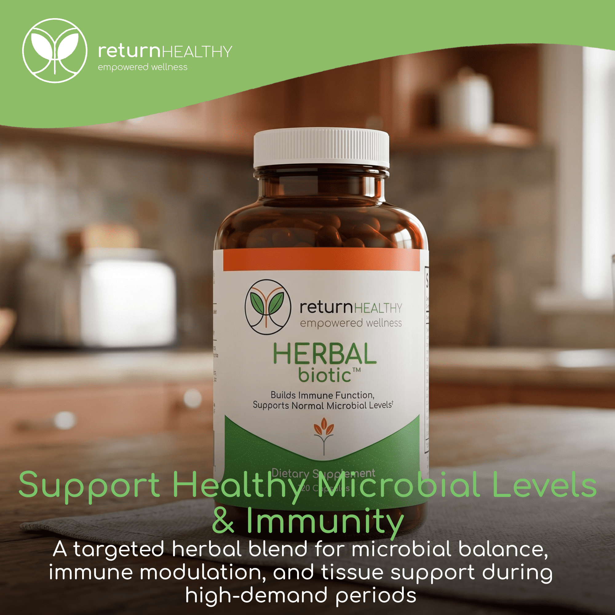 Return Healthy Herbal Biotic Immune Supplement for Women & Men, Natural System Booster with Cat's Claw for Probiotic Gut Balance, 120 Vegan Capsules
