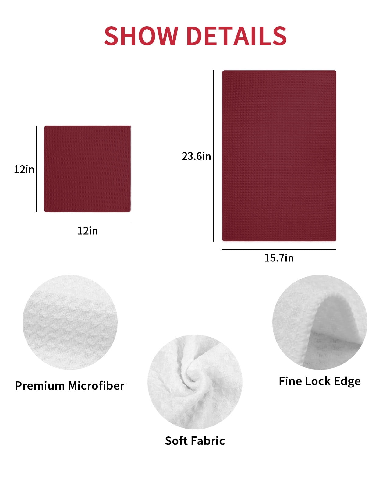 Pure Red Wine Dish Towels Set, Waffle Weave Kitchen Towels 4 Pieces, Simple Solid Color Microfiber Hair Face Bath Tea Towel Absorbent Quick Drying Cleaning Dish Cloths, 12"x12"