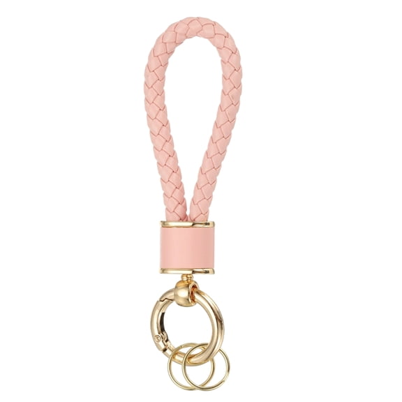 Uxcell 1 Pack Braided Leather Keychain, Keychain Ring Woven Strap Lanyard Strap with 360 Degree Rotatable for Car Key Bag Wallet, Gold/Pink
