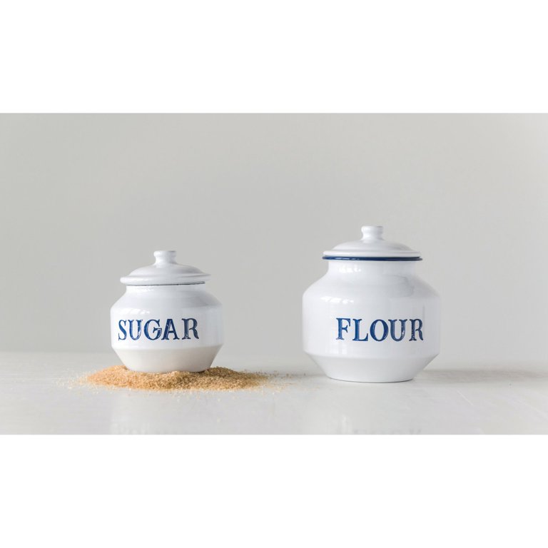 Restoration Hardware Metal White Enamel Flour & Sugar Tin Canisters Blue  Writing