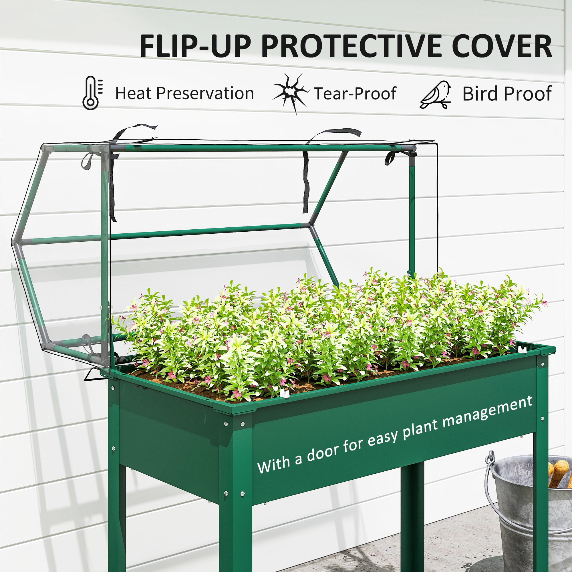 Outsunny Raised Garden Bed with Greenhouse Cover, Elevated Garden Box with Legs and Drainage Hole for Vegetables, Green