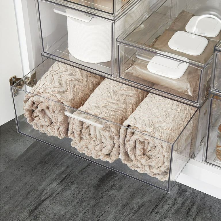 mDesign Plastic Stackable Bathroom Storage Organizer with Drawer, 2 Pack - Clear