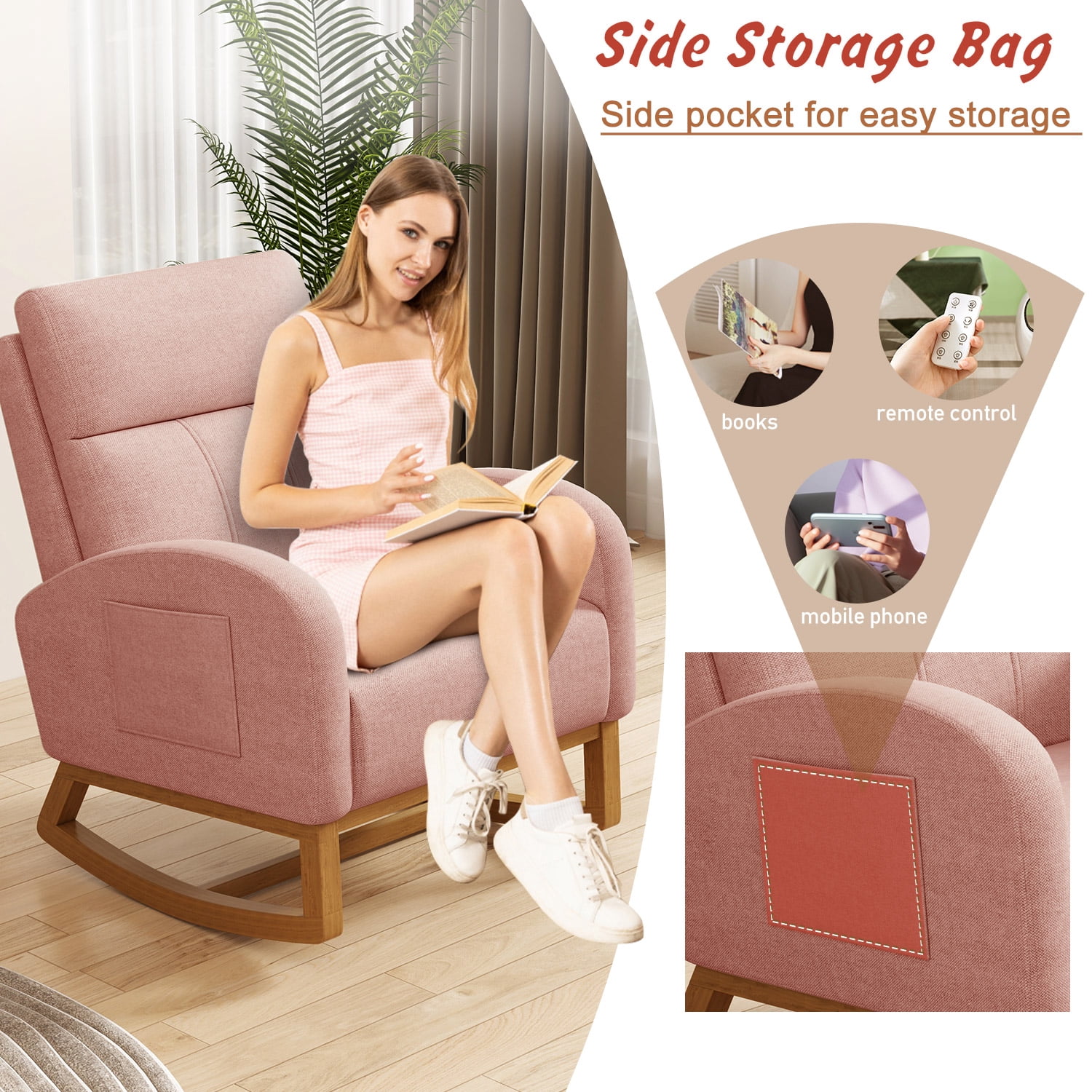 Glider Rocking Chair Nursery Comfy Accent Chair with High Backrest Upholstered Living Room Chairs with Side Pocket Armchair Reading Chair for Bedroom Nursery Office,Pink