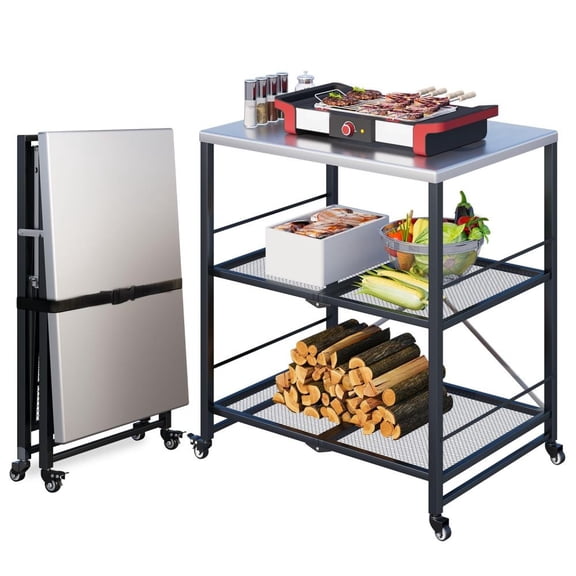Outdoor Prep Dining Table Cart for Patio Bar Grilling, Foldable BBQ Grill Cart with Stainless Top, 3-Tier Storage Shelves & Portable Design for Pizza Oven or Backyard Cooking