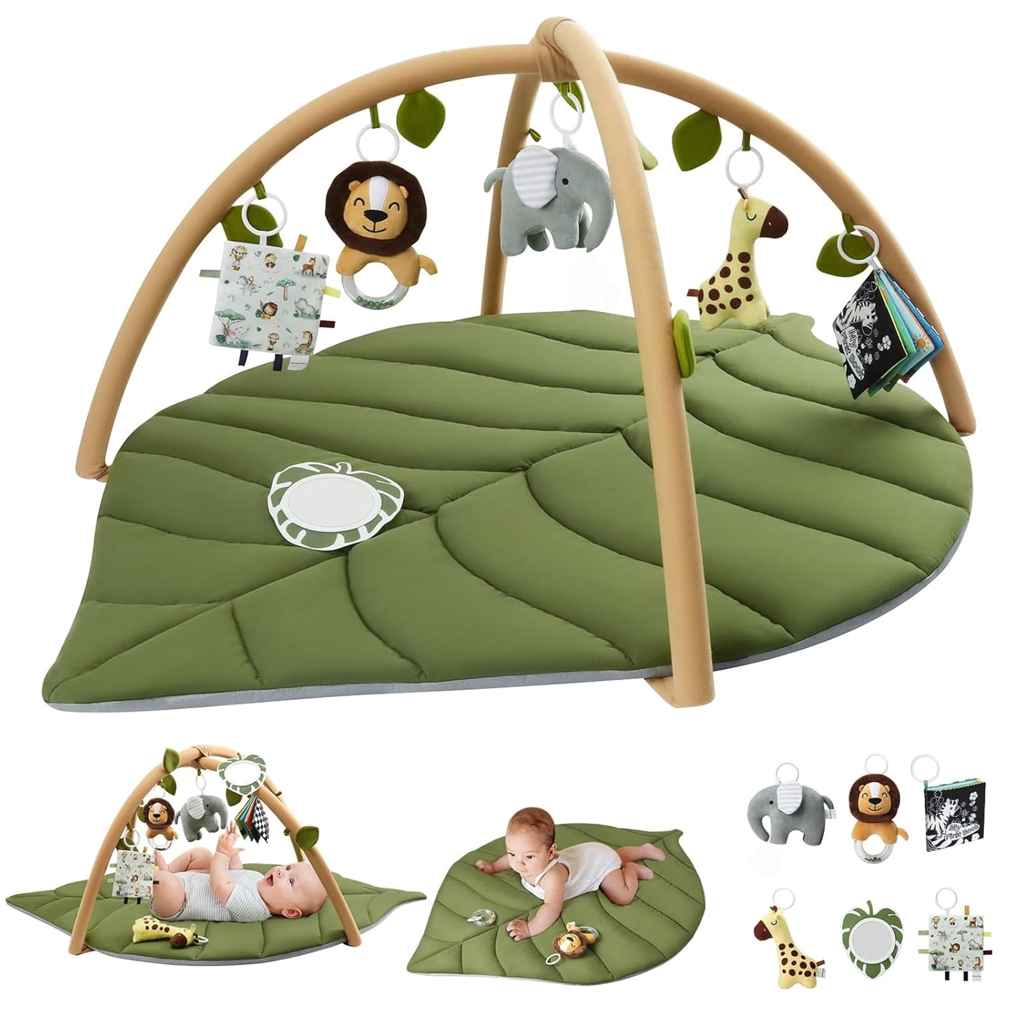 BESTSKY Baby Play Gym & Activity Mat, Oversize Leaf Shaped Baby Play Mat W 6 Detachable Toys, Tummy Time Mat Promote Motor Skills & Sensory Development Mat, Newborn Infant Baby Essentials Gift