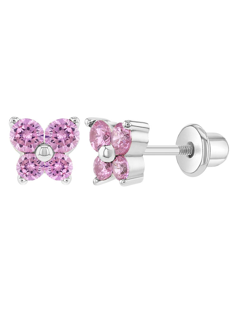 Rhodium Plated Pink CZ Butterfly Screw Back Earrings Babies & Toddlers