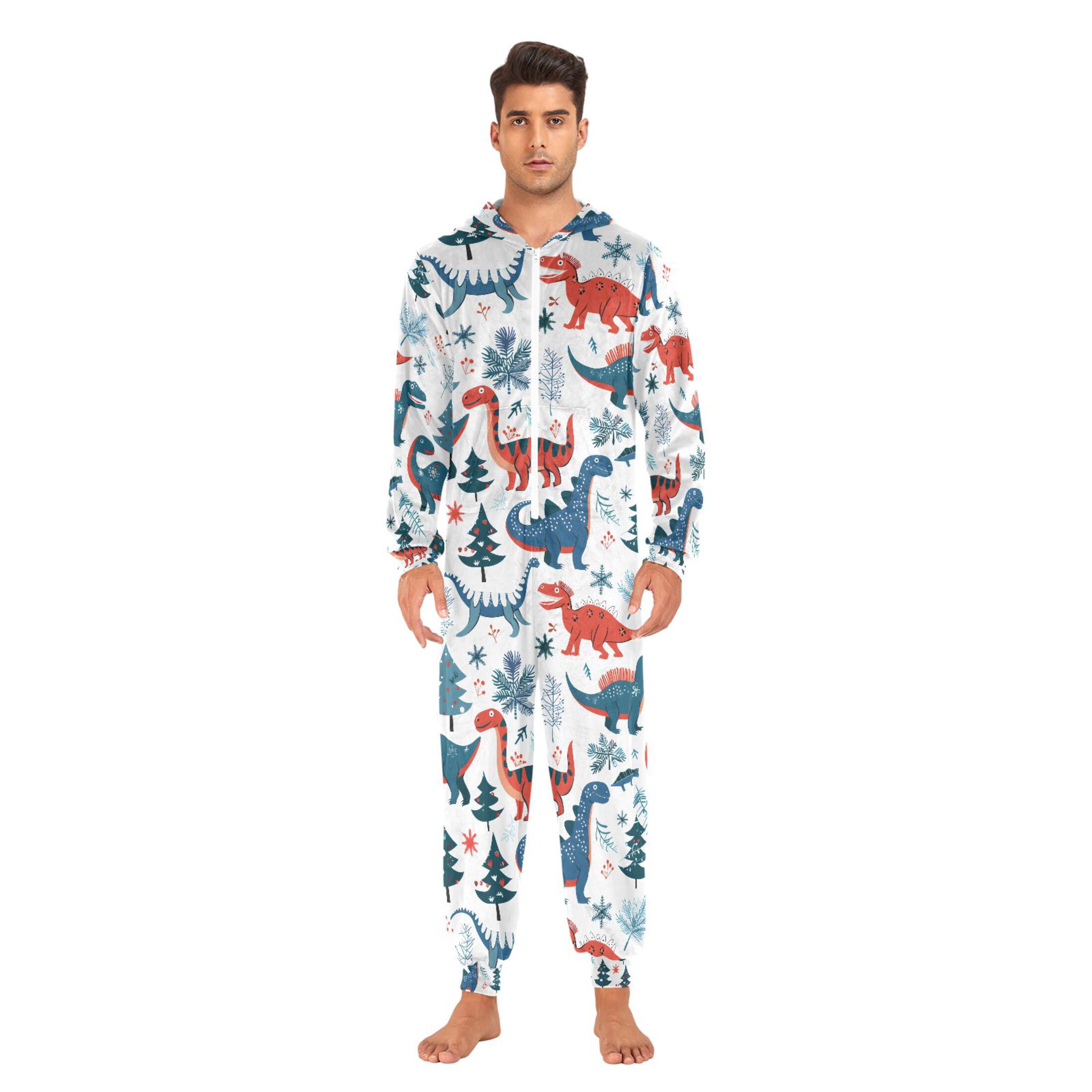 Adult Christmas Onesie Funny Dinosaurs Adult Zipper One-Piece Pajamas Unisex Pajamas with Pockets