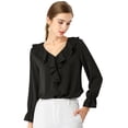 thumbnail image 1 of Blusa de gasa Allegra K cuello En V volantes mujer manga de pulsera campesina vintage Negro M, 1 of 6