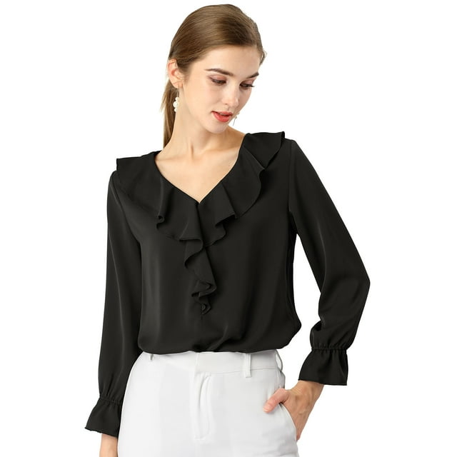 Blusa de gasa Allegra K cuello En V volantes mujer manga de pulsera campesina vintage Negro M
