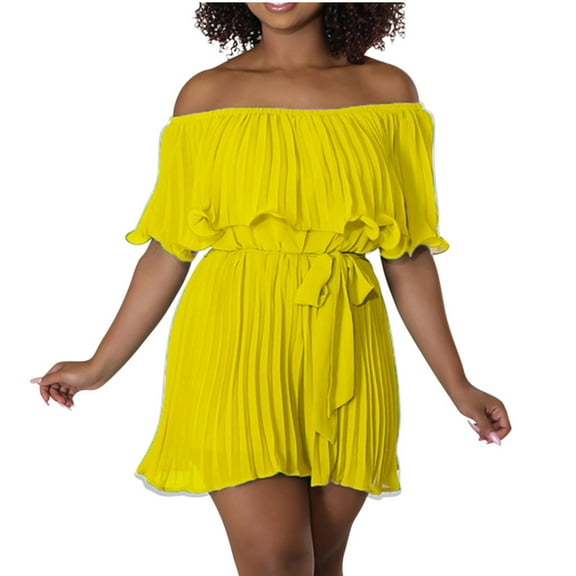 YeJammarp Chiffon Flowy Short Jumpsuits Womens Dressy Casual Off The Shoulder Pleated Romper Shorts with Belt Summer (XL, Yellow)