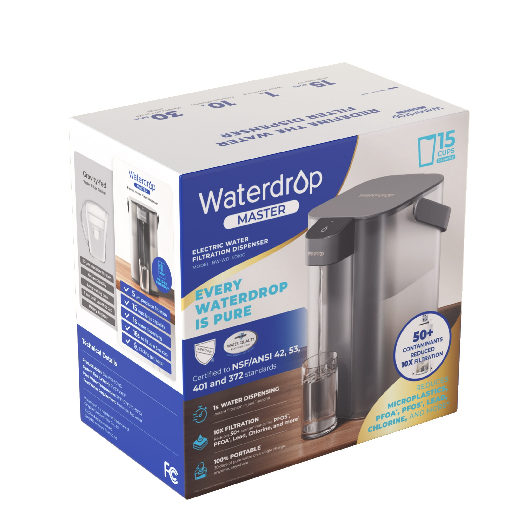 Waterdrop MASTER 15-Cup, 200-Gallon Filter Lifespan, Rechargeable Countertop Water Filter Dispenser, 1-Pack