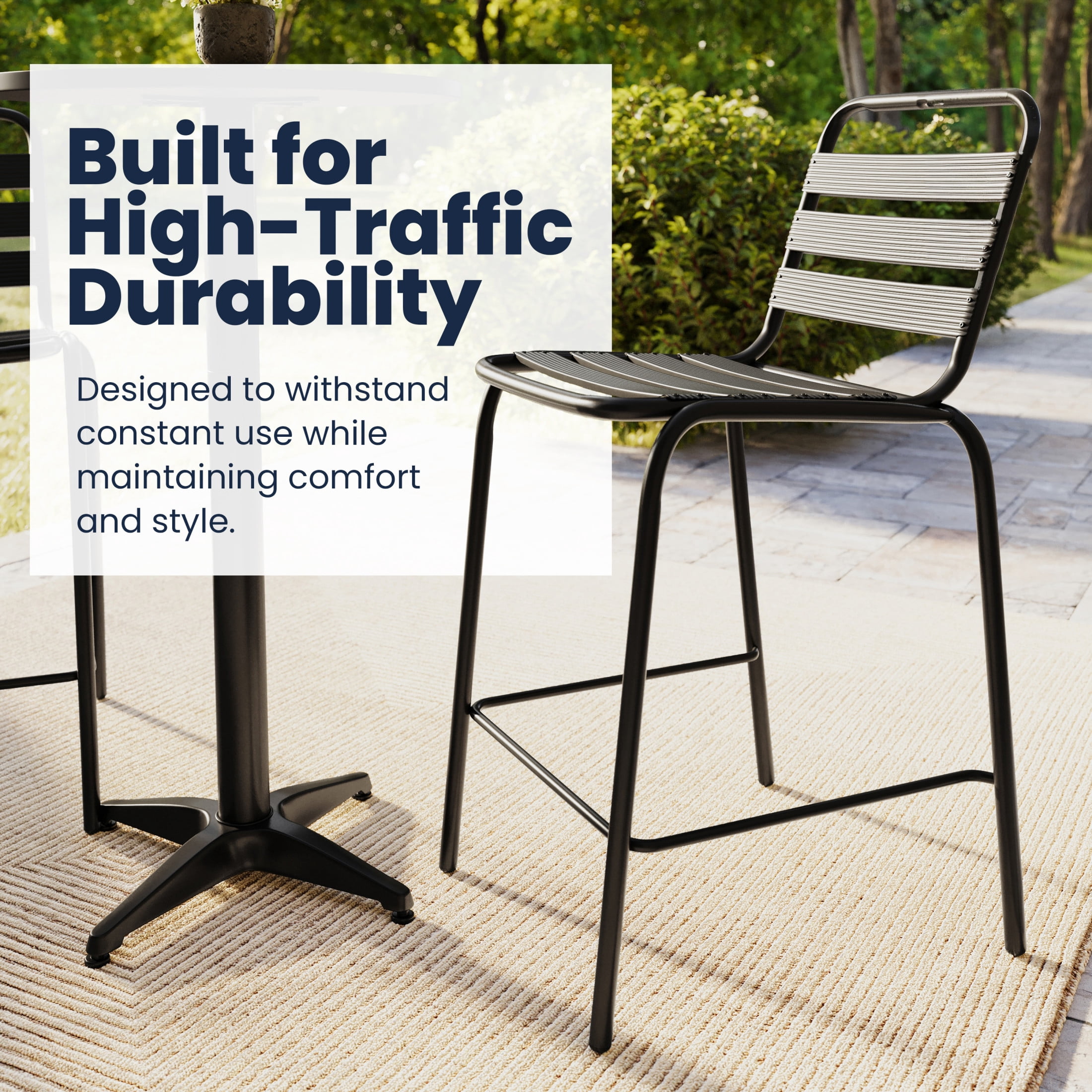 Emma + Oliver Black Metal Bar Height Stool with Triple Slatted Back for Indoor and Outdoor Use