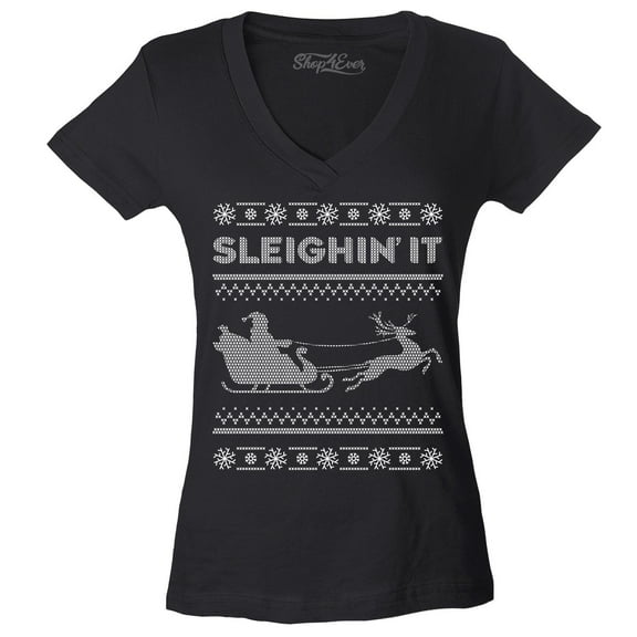 Shop4Ever Women's Sleighin' It  Slim Fit V-Neck T-Shirt XX-Large Black
