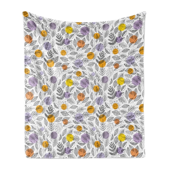 Botanical Soft Flannel Fleece Throw Blanket, Print of Round Blots and Striped Leaf Silhouettes, Cozy Plush for Indoor and Outdoor Use, 60" x 80", Multicolor, by Ambesonne