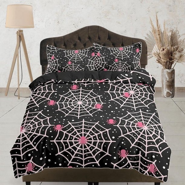 Rosa tela de araña halloween ropa de cama y funda de almohada, funda nórdica negro conjunto dormitorio