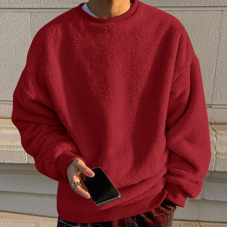 Penkiiy Mens Fuzzy Sherpa Sweatshirt Long Sleeve Fluffy Crew Neck Pullover Cozy Basic Unisex Fall Winter Warm Tops Red