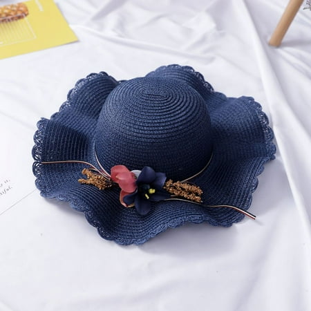 

Esho Children Girls Summer Straw Wide Brim Sun Hat Kids Floral Beach Flat Hats Caps