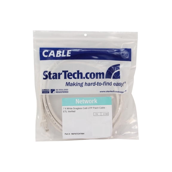 StarTech 7ft CAT6 Ethernet Cable - White CAT 6 Gigabit Ethernet Wire -250Mhz 100W PoE RJ45 UTP Network Patch Cord Snagless with Strain Relief (N6PATCH7WH)