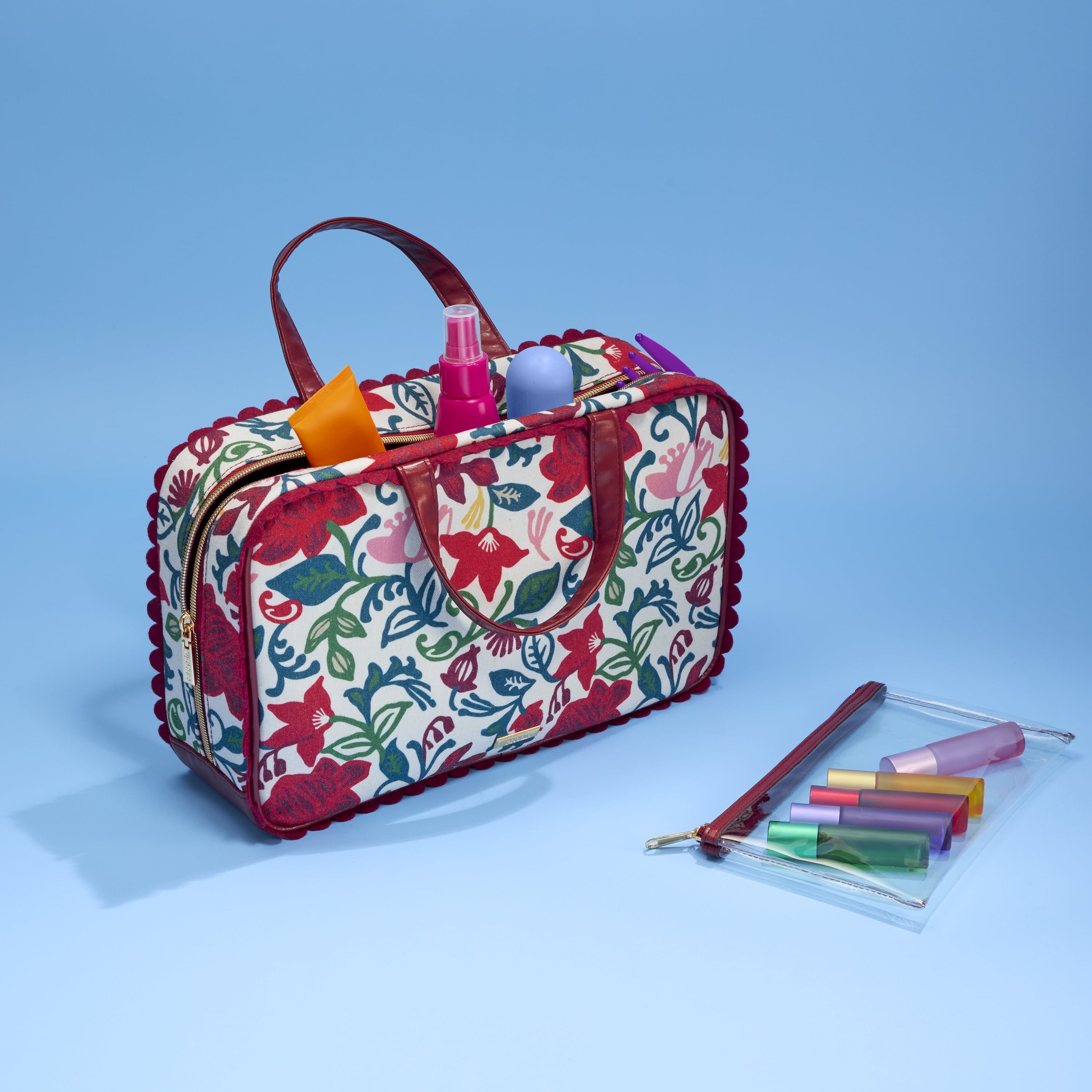 Conair Floral Canvas Weekender Cosmetic Bag with Removable Pencil Case, 2-Piece Set