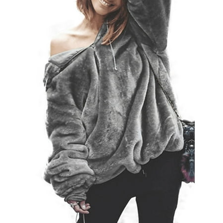 Fur Hooded Hoodie Sweatshirt - Womens Fleece Hooded Jumper Pullover Ladies Chunky Fur Fluffy Hoodie Top