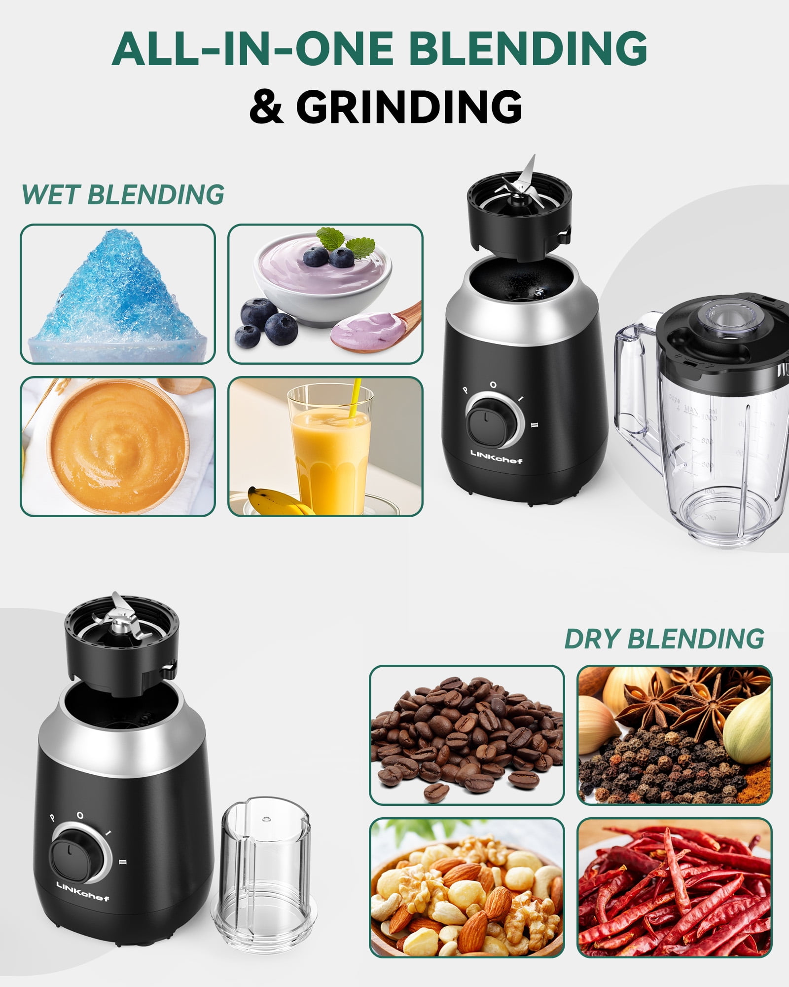 LINKChef Multi Function Blender for Smoothies, 35oz. Jar, Personal Blender Travel Cup, Coffee Grinder (Black)