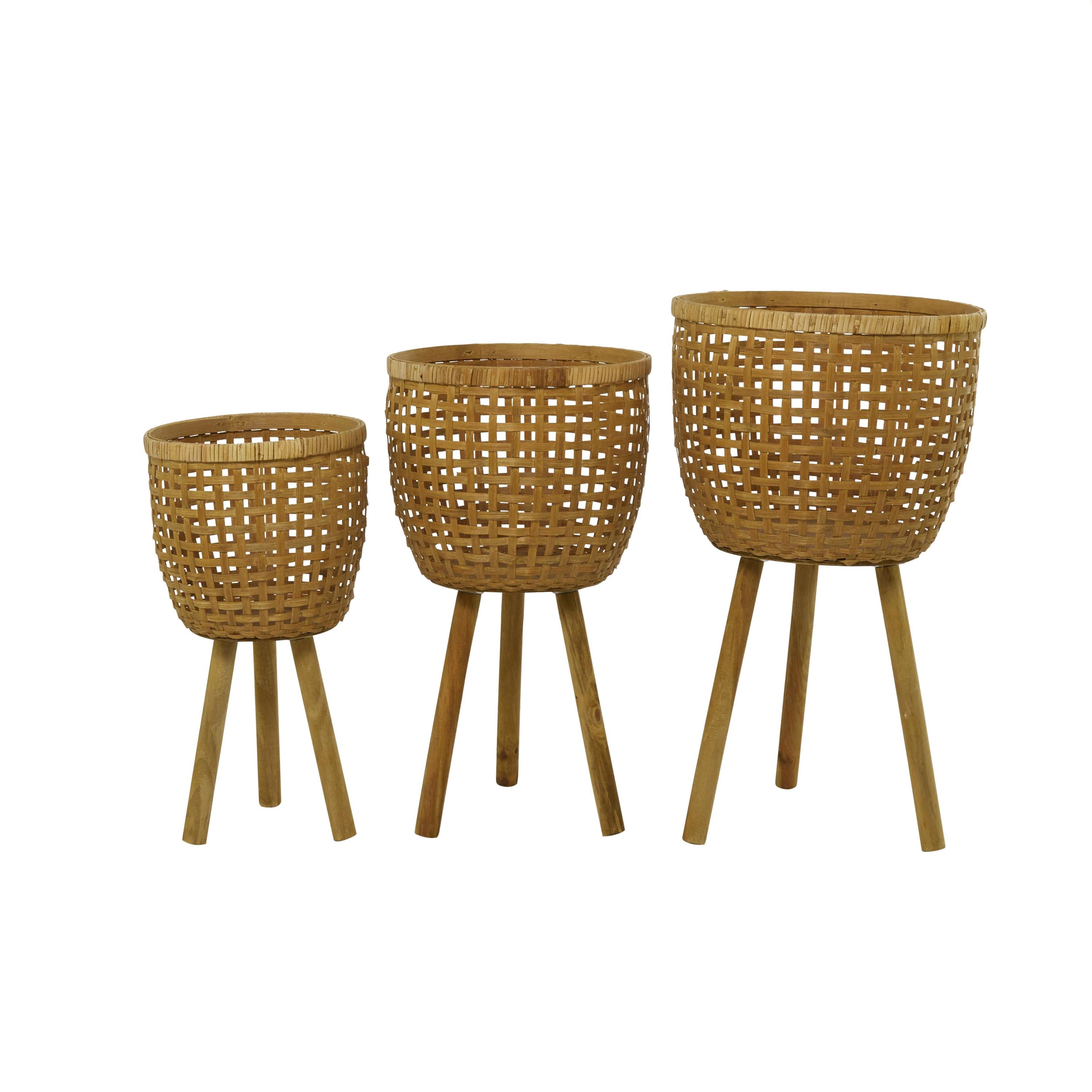 DecMode 26", 23", 20"H Handmade Woven Basket Brown Bamboo Wood Planter with Wooden Tripod Legs (3 Count)