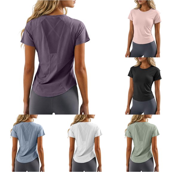 oqasdz Womens T Shirts Short Sleeve Crewneck Mesh Quick Drying Slim Fit Athletic Workout Shirts Breathable Summer Yoga Tee Top Tshirt,Light Purple,L