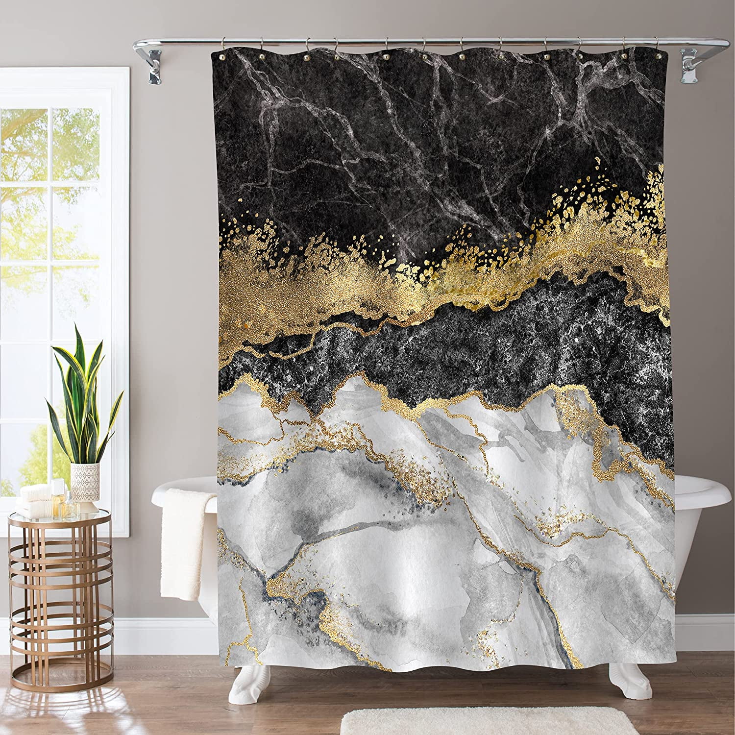 Black and White Marble Surface Fabric Shower Curtain Set Bathroom Accessories 