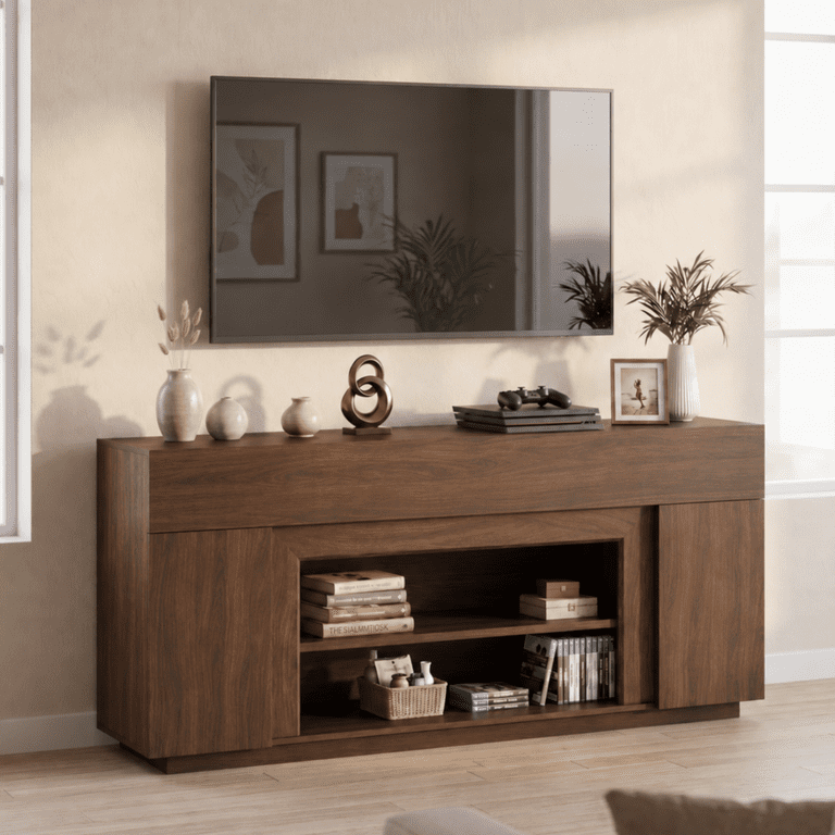 Lacoo 70-Inch TV Stand for 55-80 Inch TVs, Modern Entertainment Center with Storage Cabinets and Adjustable Shelves, Media Console for Living Room, Walnut