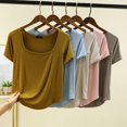 thumbnail image 5 of Ahuyic Womens Plus Size Top,Womens Summer Blouse,Womens Summer Fashion Casual Yoga Front Collar Straight Shoulder Short Sleeve Round Neck Top/Shirt Yellow XL, 5 of 5