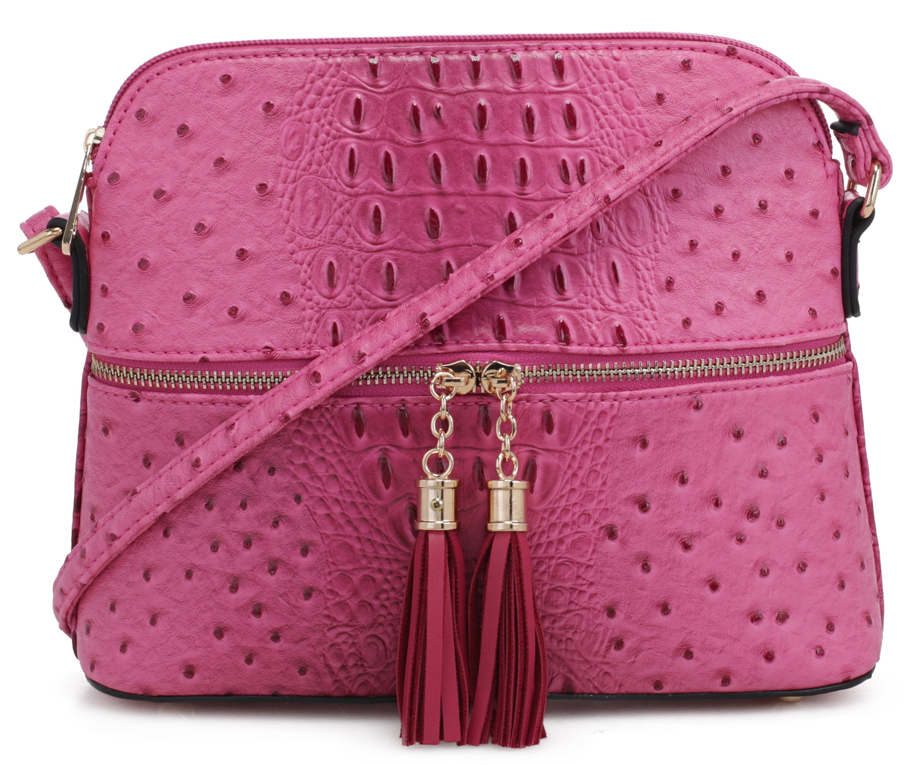 Deluxity Animal Ostrich Lightweight Dome Crossbody Bag TasselFuchia