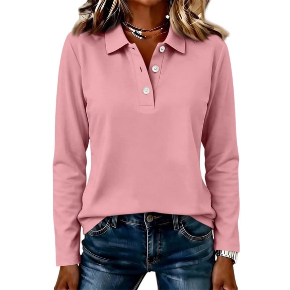Qwertyu Long Sleeve Polo Shirts for Women Cotton V Nekc Collared Tennis Tops Lightweight Business Fall Casual Golf Shirts Watermelon Red XL
