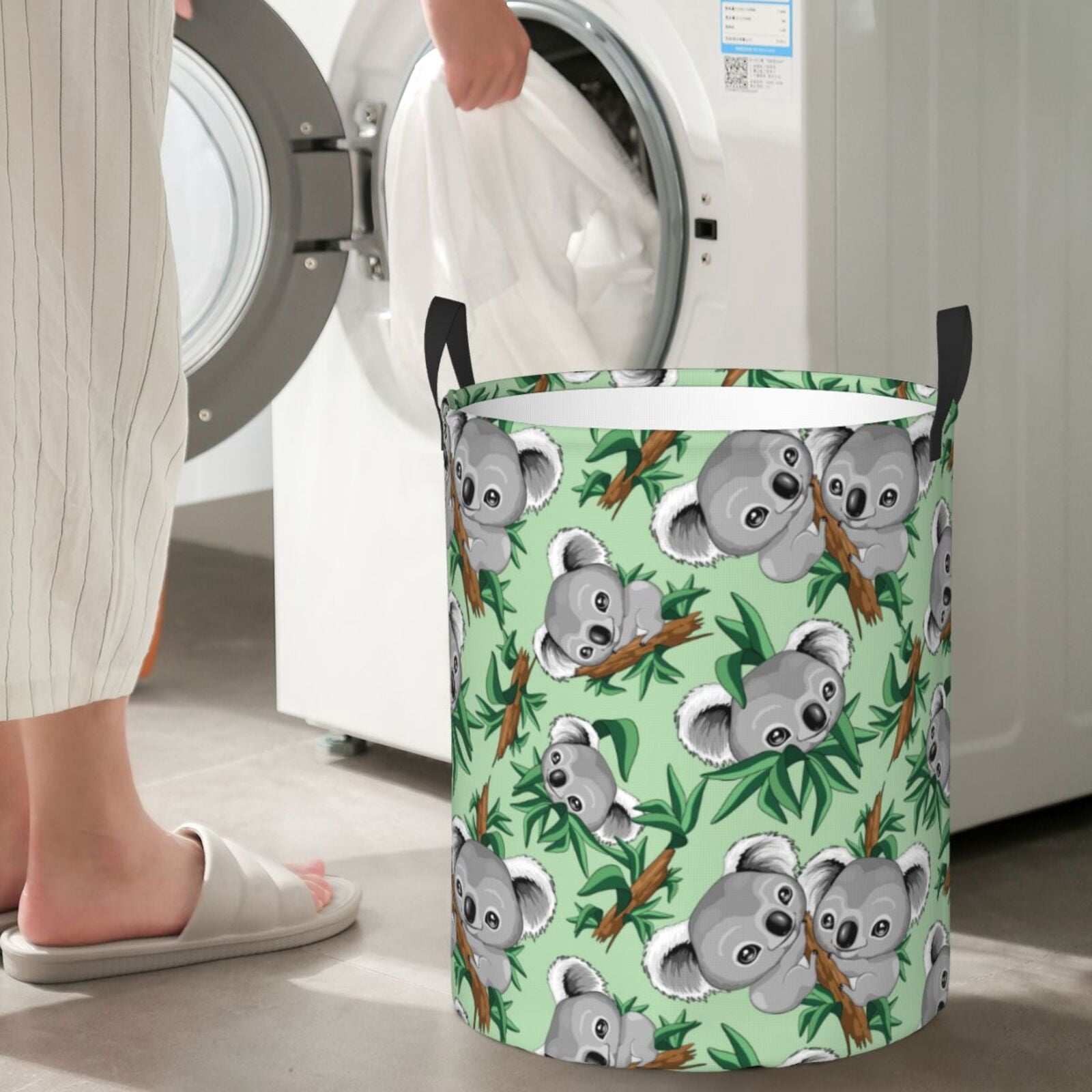 Large Laundry Basket with Handles - Green Gray Koala Print Kids Baby Dirty Clothes Laundry Hamper for Bedroom Aesthetic