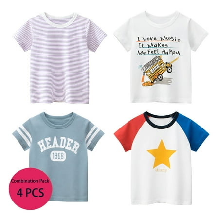 

Pack of 4 Boy Carton T-shirts Short Sleeve Toddler Tees Children Basic T-Shirts Dinosaur Cars Sharks 12M-9T