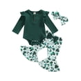 thumbnail image 2 of Musuos Baby Girl Spring Outfit 3 6 12 18M Solid Color Long Sleeve Crew Neck Romper Green Clover Print Flare Pants Bow Headband 3Pcs Set, 2 of 10