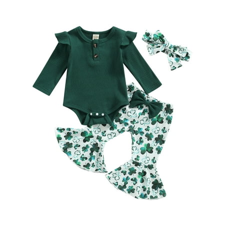 

Vigorbear Infant Baby Girl St Patricks Day Outfits Long Fly Sleeve Romper Bodysuit Clover Print Flare Pants Headband 3Pcs Set