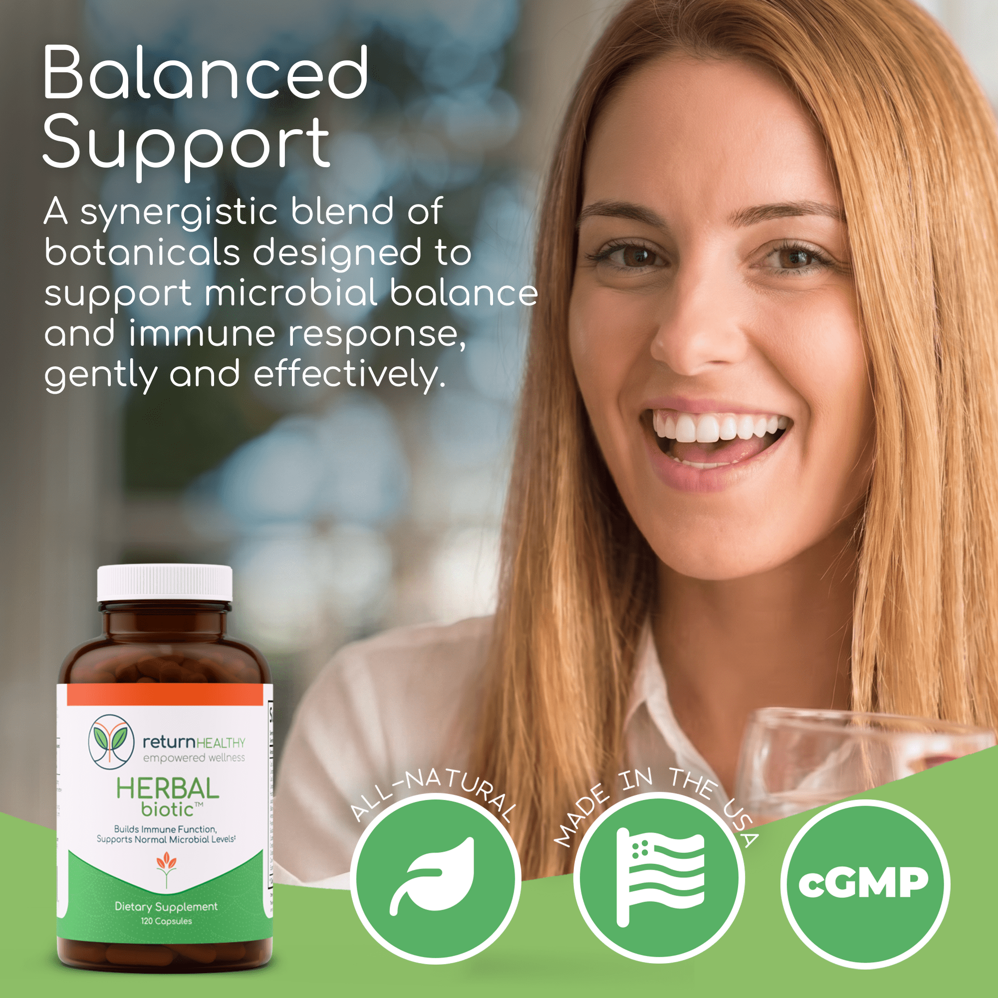 Return Healthy Herbal Biotic Immune Supplement for Women & Men, Natural System Booster with Cat's Claw for Probiotic Gut Balance, 120 Vegan Capsules