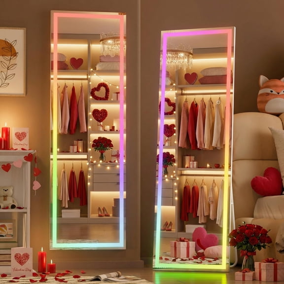 Hasipu 56"x16" Full Length Mirror with Lights - LED RGB Bluetooth Floor Mirror with Stand, Wall Mount & Free Standing 7 Colors for Bedroom, Living Room, Cloakroom