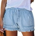 thumbnail image 4 of Women ‘s Washed Denim Shorts Casual Drawstring Elastic Waist Frayed Hem Loose Short Jeans, 4 of 5
