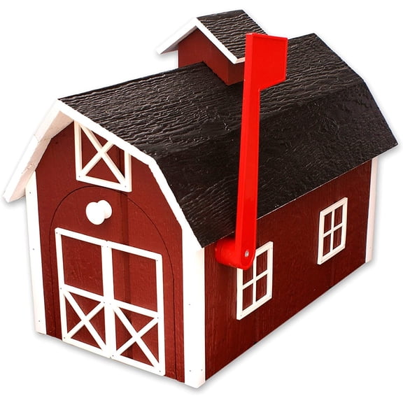 Amish-Made Deluxe Wooden Mailbox, Dutch Barn Style Red with White Trim