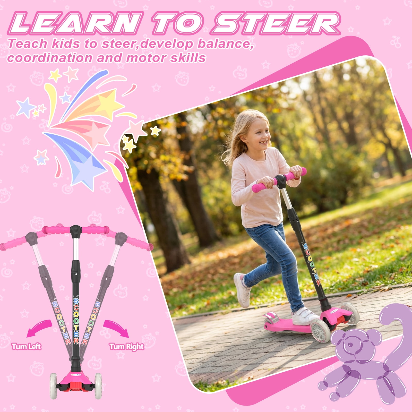 XJD 3 Wheel Kick Scooter for Kids,Foldable 3 Wheels Toddlers Scooter with LED Light & Adjustable Height, Best Gift for Boys Girls Outdoor Activities, Peach